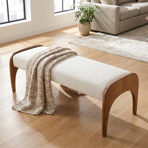 51" Extra Long Upholstered Bench, Cream Linen Seat with Walnut Wood Legs