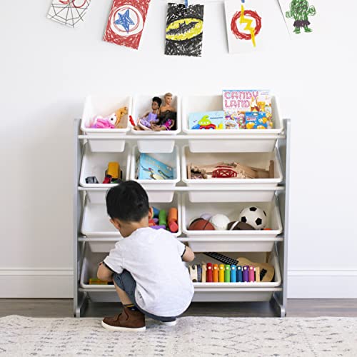 Kids Toy Storage Organizer with 12 Removable Bins - 4-Tier Playroom Shelf