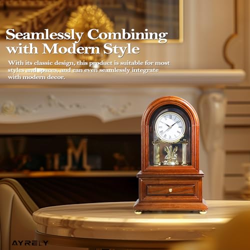 Vintage Wooden Mantel Clock with Revolving Pendulum and Storage Drawer