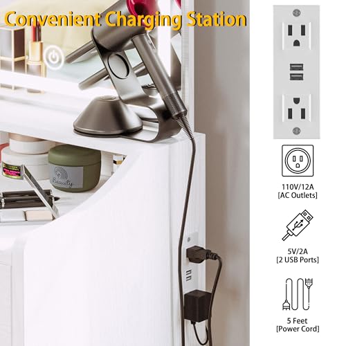 Compact Vanity Desk with Lighted Mirror, Charging Station and Stool
