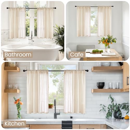Light Filtering Burlap Linen Kitchen Curtains - 36 Inch, 2 Panels Set