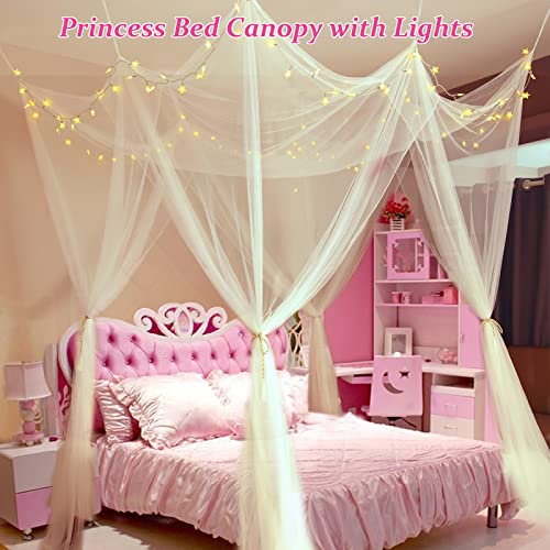 White Princess Bed Canopy with Warm White LED Star Lights & Remote