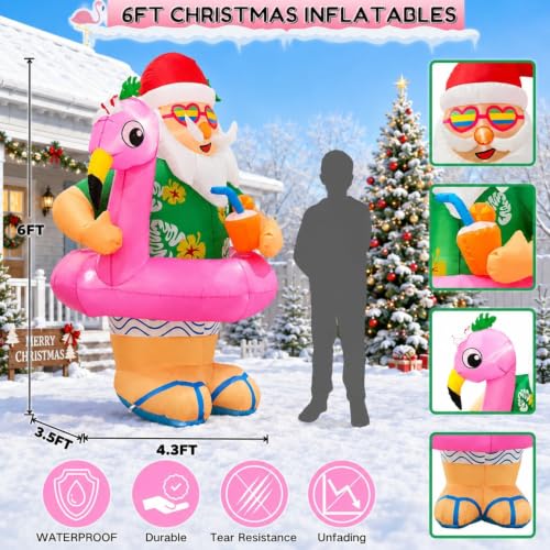 6ft Inflatable Santa Claus with Flamingo Ring Christmas Yard Decor Outdoor