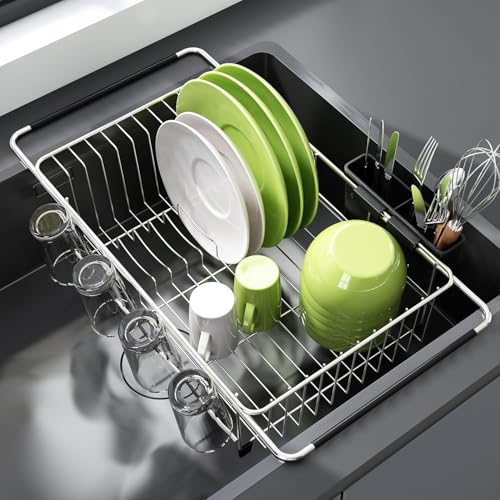 Expandable Stainless Steel Over the Sink Dish Drying Rack with Utensil Holder