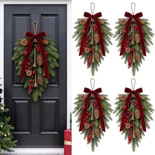 Sariiraw 4 Pack 23in Christmas Teardrop Swag - Artificial Norfolk Pine with Pinecones & Red Berries