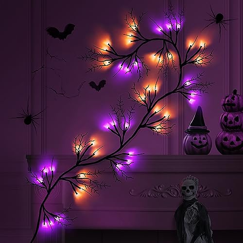 6ft Halloween Willow Vine Lighted Garland with 54 Orange & Purple LEDs