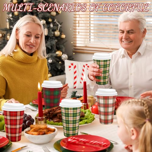 JarThenaAMCS 16 oz Christmas Buffalo Plaid Disposable Coffee Cups with Lids, 48 Pcs