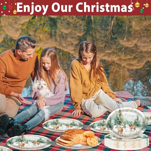Christmas Reindeer Oval Paper Plates 11in - 50ct Watercolor Trees & Snowflakes