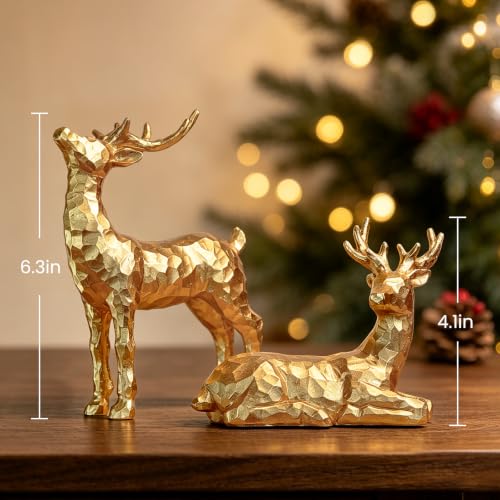 Gold Resin Reindeer Figurines Set of 2 Christmas Tabletop Decor