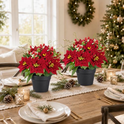 Red Artificial Poinsettia Plants in Pot, 15-Inch Fake Christmas Flowers, 2 Pack