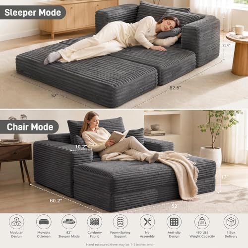 Oversized Corduroy Sleeper Chair with Ottoman, 3-in-1 Convertible Lounge