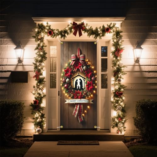 Christmas Nativity Scene Door Cover with Poinsettia Plaid Bow - Colorful B618