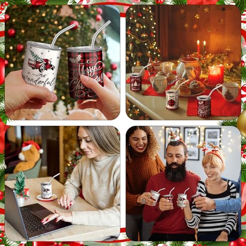 Roshtia Christmas Mini Shot Glass Set with Straw & Lid - 12 Pcs Festive Stainless Steel Tumblers