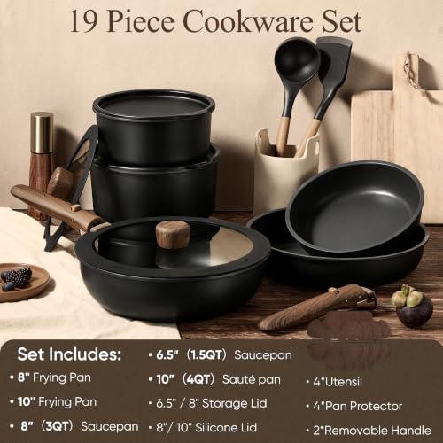 19-Piece Nonstick Cookware Set with Detachable Handles & Lids - Black
