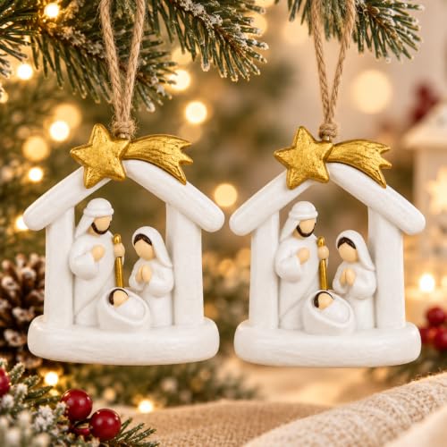 GoGnome Nativity Ornaments 2-Pack – White Arch Stable Holy Family with Gold Star