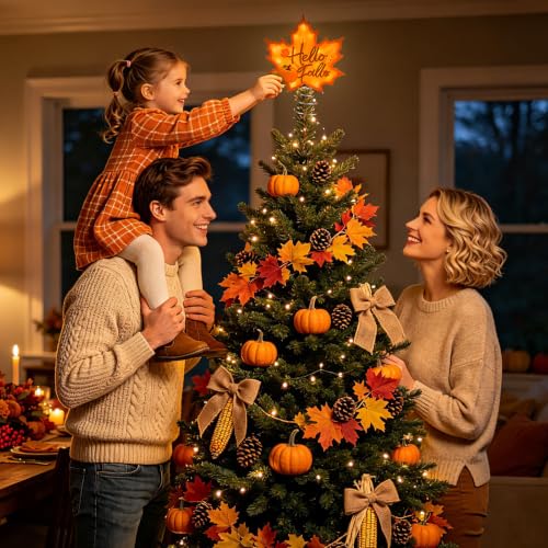 Lighted 3D Maple Leaf Tree Topper with Warm LED Lights for Fall Decor