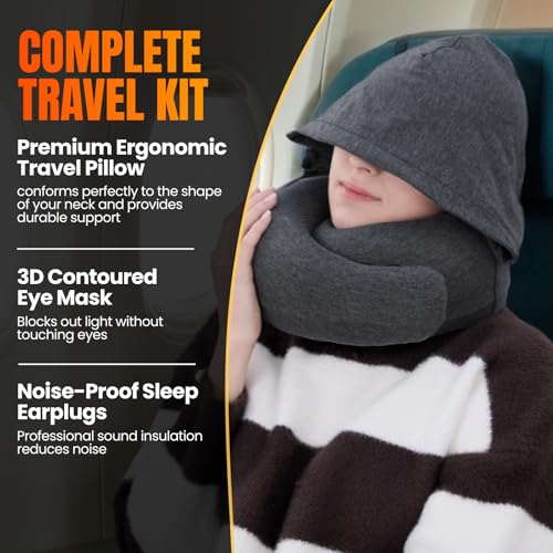Hooded Pro Travel Pillow - Memory Foam Neck Support, Cotton Fabric