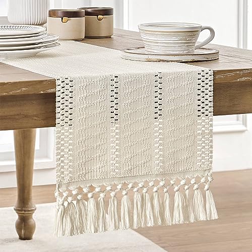 Macrame Table Runner 12x72 Inch, Ivory Woven Boho Table Scarf with Tassels