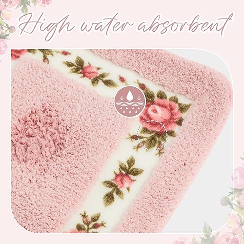 3-Piece Rose Floral Bathroom Rug Set, Non-Slip Pink Bath Mat & Toilet Cover