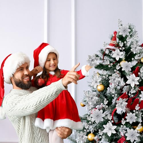 Sggvecsy Silver Christmas Glitter Poinsettia Flowers & Berry Picks, Artificial Holiday Decoration Set