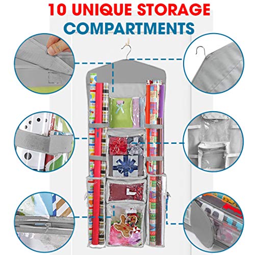 Hanging Double-Sided Gift Wrapping Paper Organizer with Pockets Grey