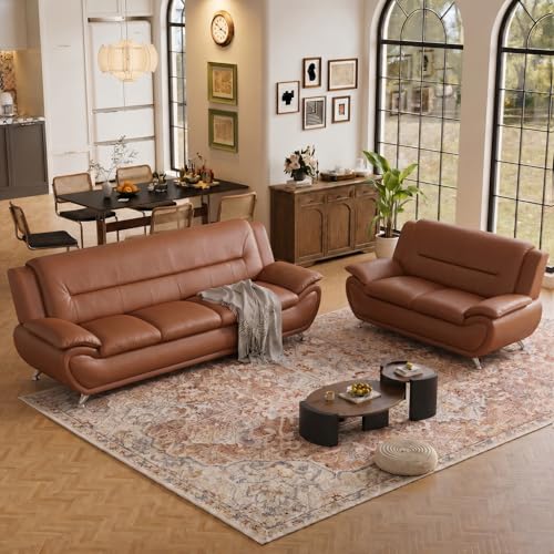 BrisaNube 2-Piece Leather Living Room Sofa Set - Modern Sectional Couch in Orange (Loveseat + 3 Seats)