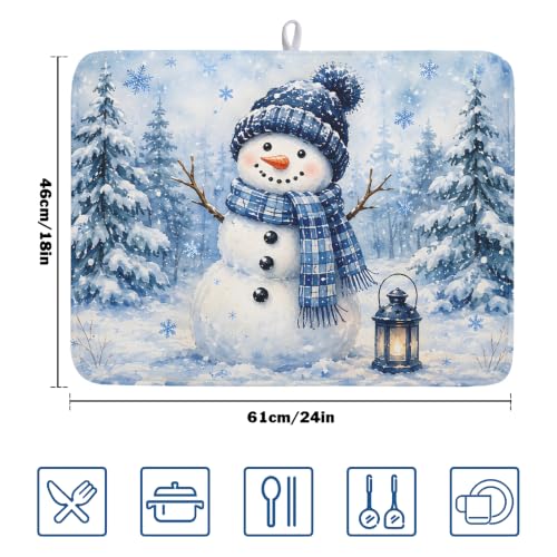 Kawani Blue Snowman Pine Tree Christmas Dish Drying Mat 18x24 Inch