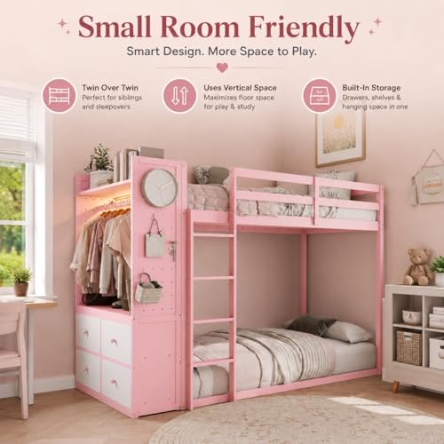 Twin Over Twin Wooden Bunk Bed with Storage Drawers and LED Lights