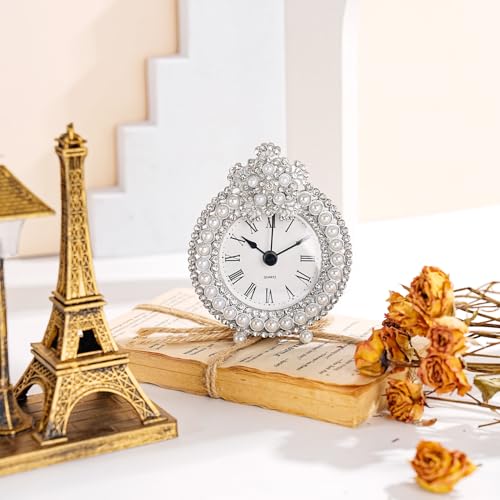 Vintage Metal Tabletop Clock with Rhinestones - Silent Battery Operated