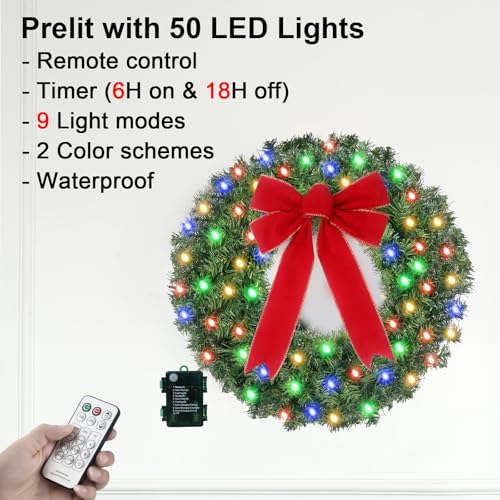 24-Inch Pre-Lit Christmas Wreath with Remote, 50 LED Lights & Red Bow
