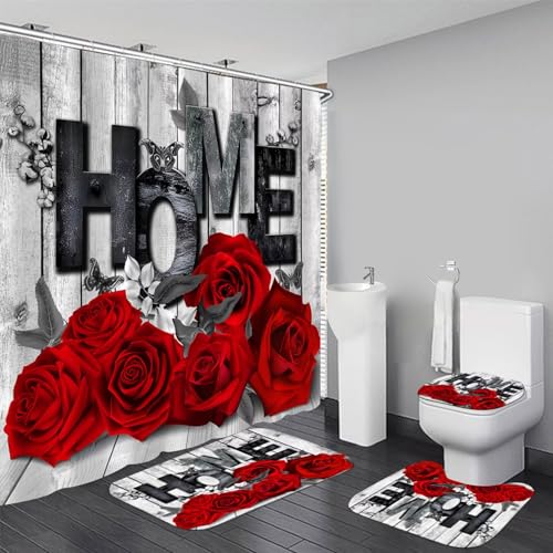4-Piece Red Rose Shower Curtain Set with Non-Slip Bath Rug and Mats