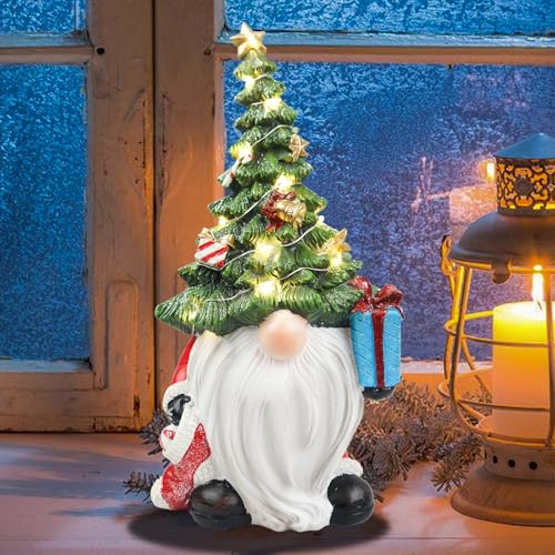 11-Inch Lighted Christmas Tree Gnome Figurine - LED Resin Holiday Table Decor