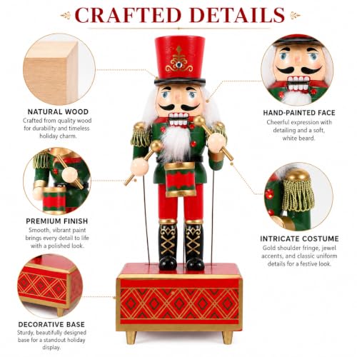 Wooden Nutcracker Music Box - Handmade Christmas Soldier Figurine, 11 Inch Holiday Decor