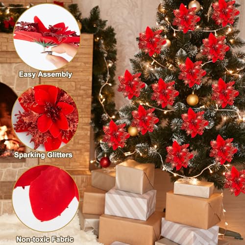 Cliselda 30Pcs Red Poinsettia Artificial Christmas Flowers with Clips - Holiday Decor