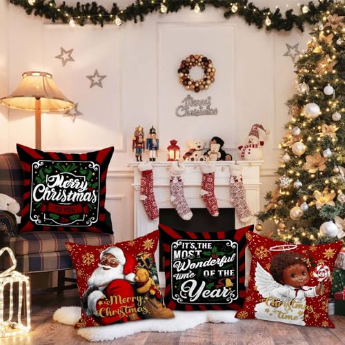 Lanpn Black Santa Christmas Pillow Covers Set of 4 18x18 Inches Holiday Decor