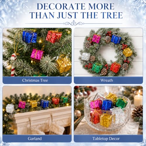 36Pcs Mini Christmas Tree Ornaments Set - 1 Inch Foil Gift Boxes with Hanging Rope