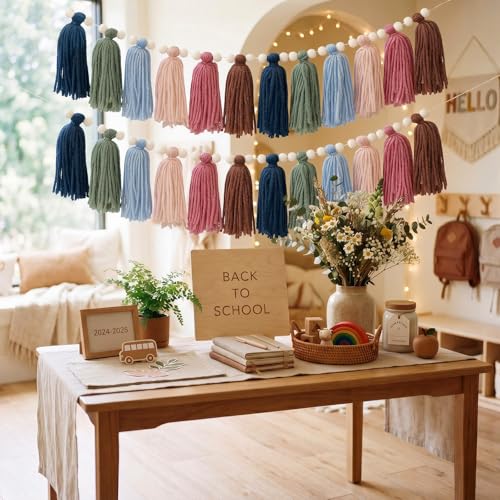 4 Pcs Boho Tassel Garland Set, Pastel Rainbow Wall Decor with Wood Beads
