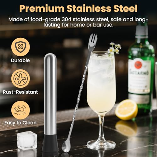8-Inch Stainless Steel Cocktail Muddler Set with Bar Spoons for Drinks
