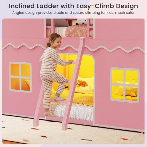 Twin Over Twin Metal Bunk Bed with LED Lights and Play Tent Curtains
