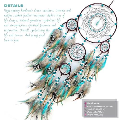 Large Boho Dream Catcher Wall Hanging, Handmade Turquoise Feather Decor