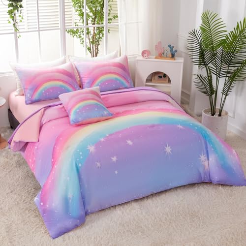 Rainbow Glitter Twin Comforter Set - 6-Piece Colorful Galaxy Bed in a Bag