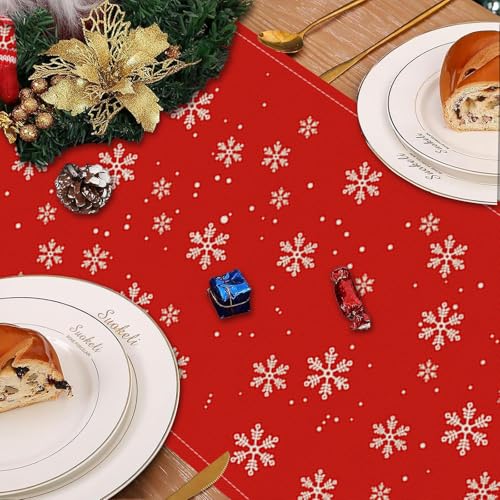 Red 13x90 Inch Merry Christmas Table Runner with Reindeer & Snowflake - QIONG MENG