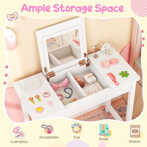 Kids 2-in-1 Vanity Set with Flip Top Mirror and Chair - Wooden Desk