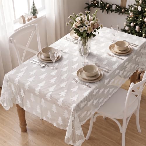 Horaldaily 60x84 Inch Christmas Lace Tablecloth Rectangular White Xmas Tree Decor