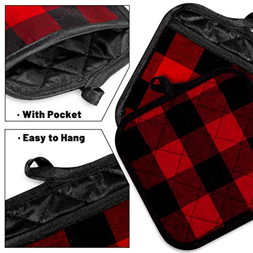 Whaline Red Black Buffalo Plaid Oven Mitts & Pot Holders Set 6pcs Heat-Resistant Kitchen Accessories