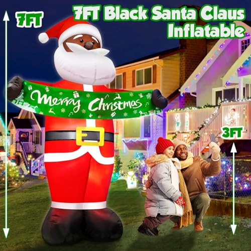 7FT Black Santa Inflatable Yard Decor with LED Lights for Christmas Outdoor Indoor