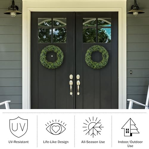 Pure Garden Set of 2 Wreaths - 19.5-Inch Round Artificial Boxwood Summer, Fall, Winter, or Spring Wreaths - Indoor/Outdoor Decoration for Front Door