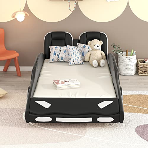 Race Car Twin Platform Bed with Wheels - Sturdy Wood Kids Bed Frame