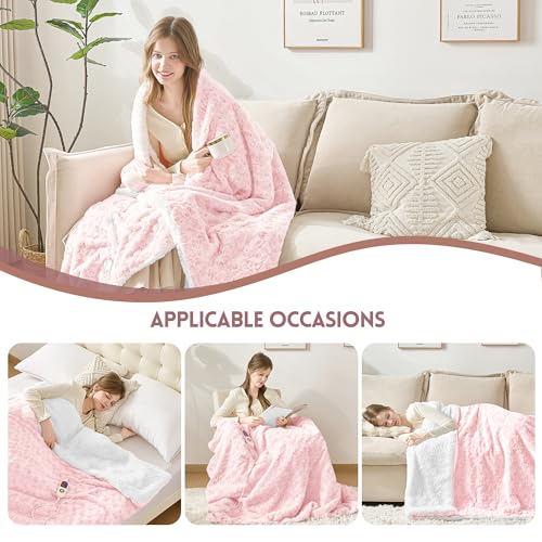 Electric Heated Blanket 50"x60" Pink Faux Rabbit Fur | 6 Heat Settings & Auto Shut Off