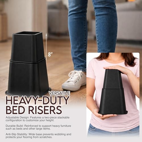 Adjustable Heavy Duty Bed Risers - 3 & 5 Inch Stackable Lifters, 4-Pack, Black